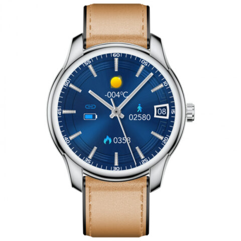 Smartwatch iSEN Watch W9 Silver cu bratara maro deschis din piele