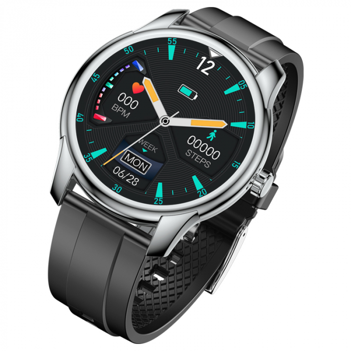 Smartwatch iSEN Watch W9 Silver cu bratara neagra din TPU
