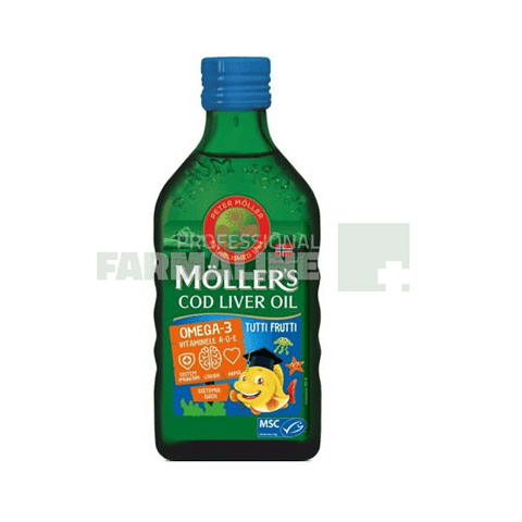 Moller's Cod Liver Oil Omega-3 cu aroma de tutti frutti 250 ml