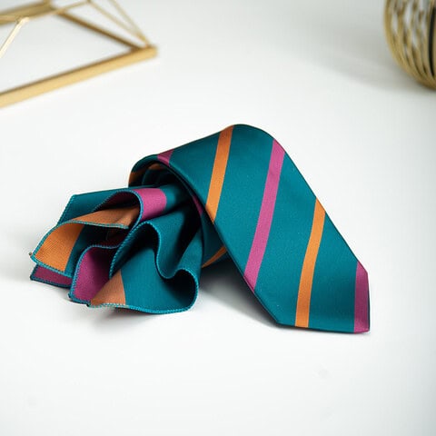 Set Cravata si batista turcoaz cu model in dungi - CV996